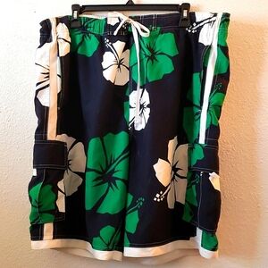 Urban Up Pipeline Navy with White and Green Tropical Floral Print Board Shorts L